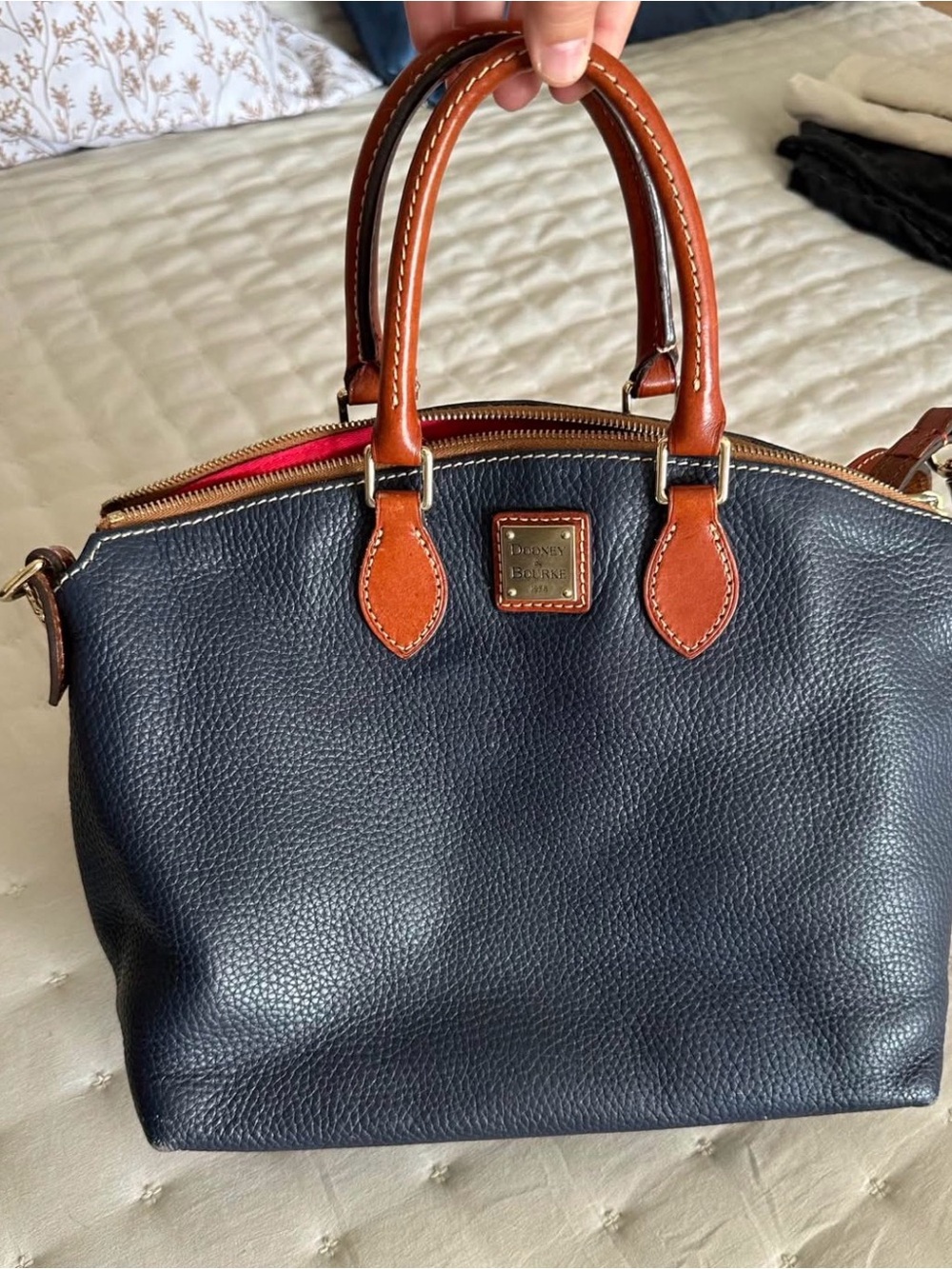Dooney & Bourke Pebble Leather Satchel in Navy with Brown Trim
